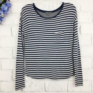 Vince Navy Gray Striped Long Sleeve Top Size S Scoop Neck Pocket Casual